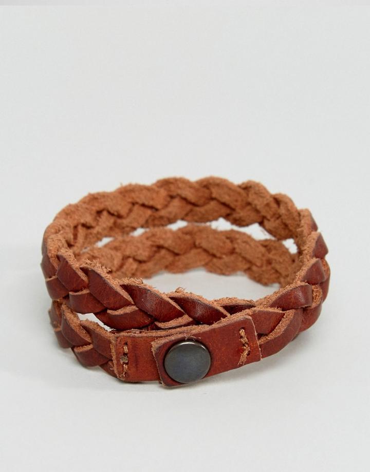 Jack & Jones Plaited Leather Cuff - Brown