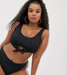 South Beach Curve Exclusive Mix And Match Ribbed Knot Crop Bikini Top In Black - Black