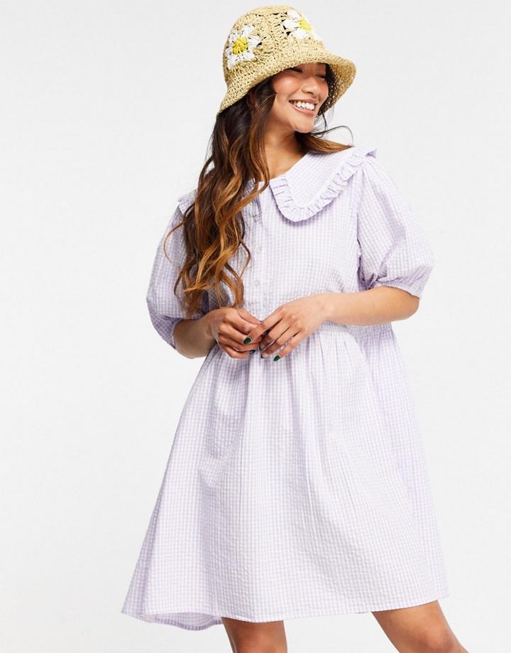 Neon Rose Mini Smock Dress With Collar In Pastel Gingham-purple