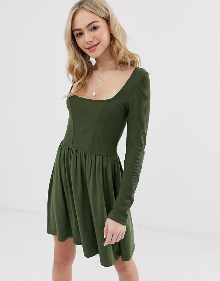 Asos Design Mixed Fabric Long Sleeve Skater Dress - Green