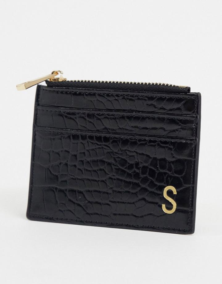 Asos Design Personalized S Coin Purse & Cardholder In Black Croc