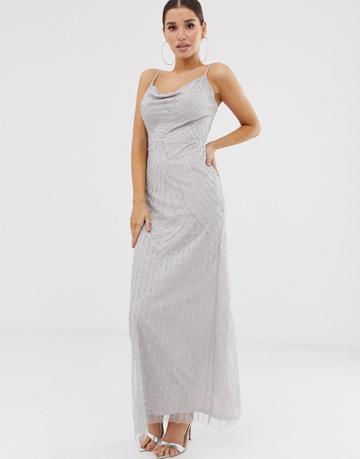 Lipsy Embellished Cowl Front Maxi Dress In Silver - Silver