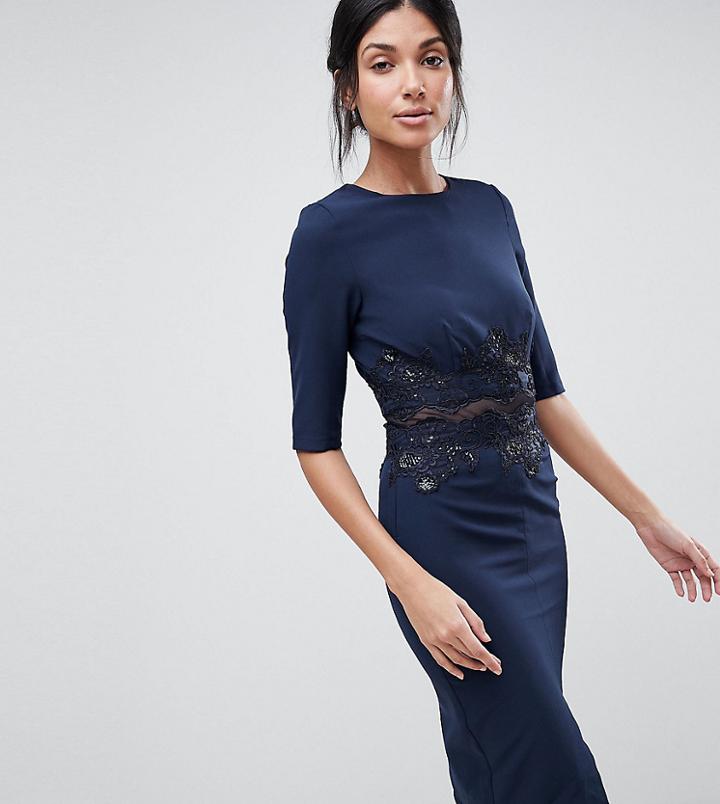 Little Mistress Tall Pencil Dress With Mesh Insert & Sequin - Navy