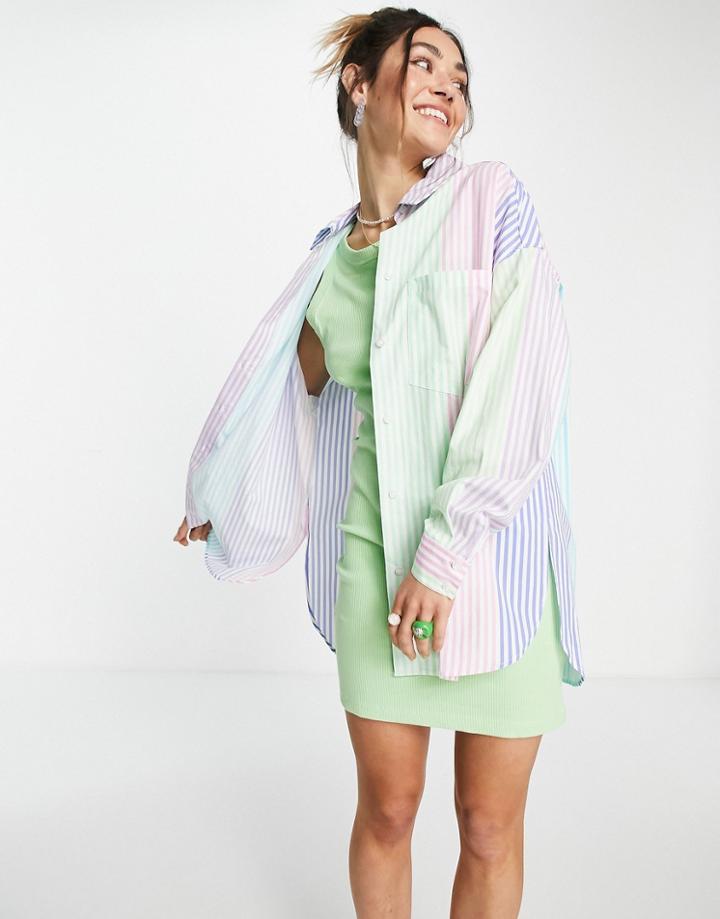 Bershka Oversized Poplin Shirt In Multi-colored Stripe