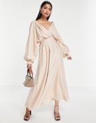 Asos Edition Off Shoulder Linen Wrap Belted Midi Dress In Stone-neutral