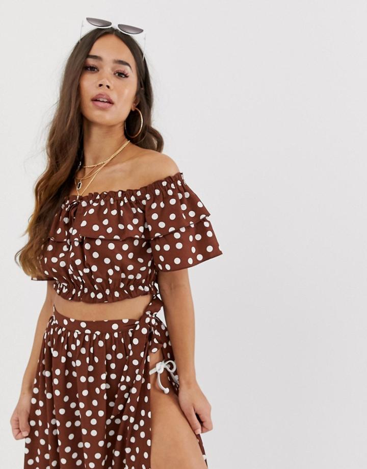 Asos Design Beach Frill Off Shoulder Two-piece Top In Polka Dot - Multi