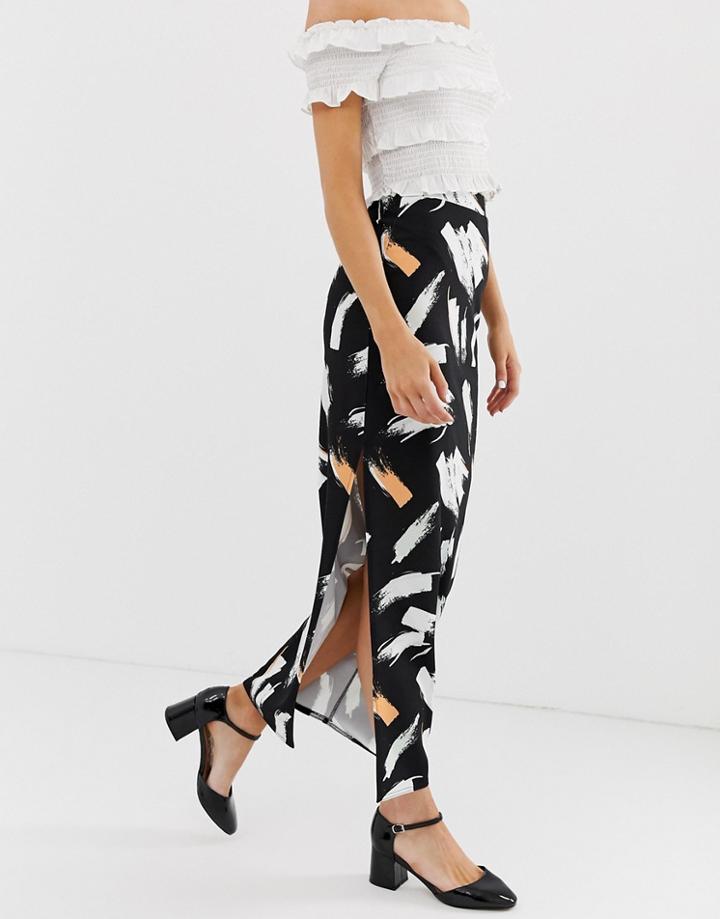 Asos Design City Maxi Skirt With Side Split In Brush Print - Multi