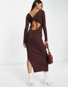 Asos Design Knit Midi Dress With Twist Back Detail In Brown