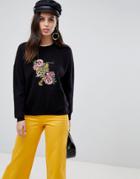 Liquorish Tiger And Flower Embroidered Sweater - Black