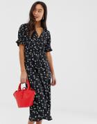 Influence Shirred Sleeve Floral Midi Dress With Button Down Front In Black - Black
