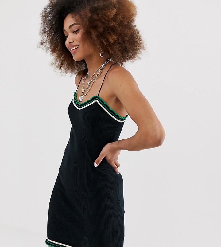 Collusion Knitted Cami Dress With Contrast Frill Edge - Navy