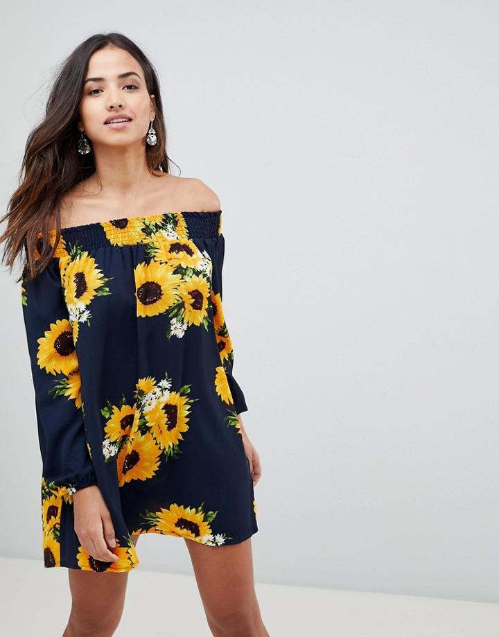 Ax Paris Long Sleeve Sunflower Print Off Shoulder Dress - Navy