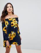 Ax Paris Long Sleeve Sunflower Print Off Shoulder Dress - Navy