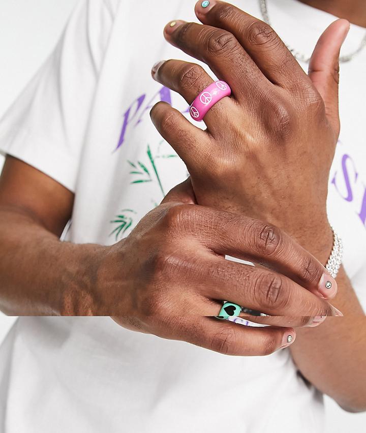 Asos Design 2 Pack Plastic Band Rings In Multicolor Peace And Heart Design