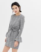 Parisian Check Dress With Flare Sleeve And Tie Waist - Black