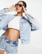 Na-kd Organic Cotton Cropped Denim Jacket In Light Blue Wash-blues