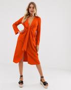 Asos Design Casual Textured Midi Dress With Knot Waist