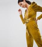 River Island Velvet Plunge Neck Jumpsuit - Yellow