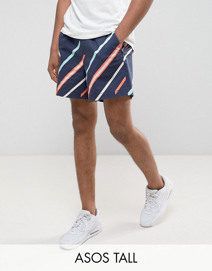 Asos Tall Slim Shorter Shorts With Elasticated Waist And Line Print - Navy
