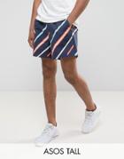 Asos Tall Slim Shorter Shorts With Elasticated Waist And Line Print - Navy