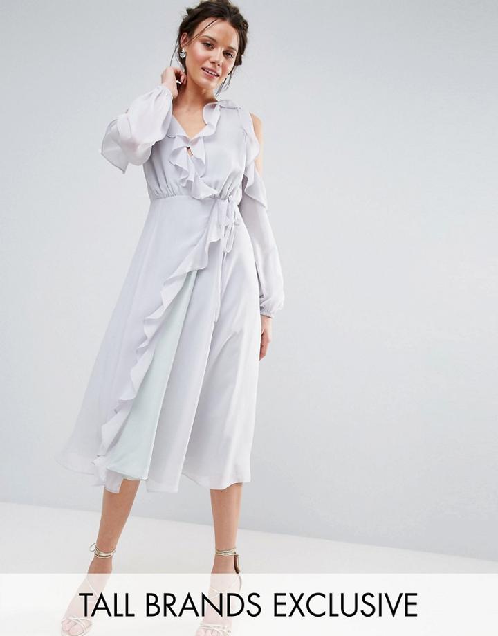 True Decadence Tall Cold Shoulder Wrap Front Ruffle Detail Skater Dress - Gray