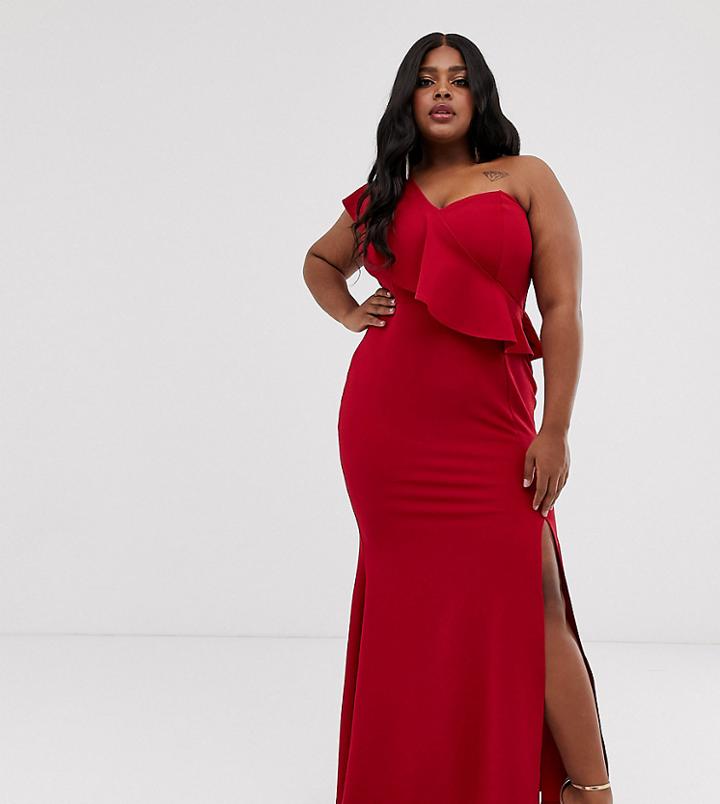 Club L London Plus One Shoulder Ruffle Maxi Dress-red