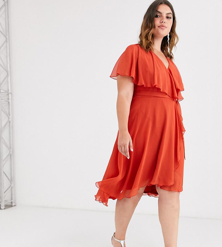 Asos Design Curve Cape Back Dipped Hem Midi Dress - Red