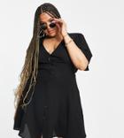 Asos Design Curve Button Through Tie Back Mini Tea Dress With Angel Sleeve In Black