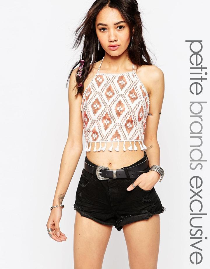 Tiger Mist Petite Geo-tribal Print Halterneck Top With Crochet Trim - Multi