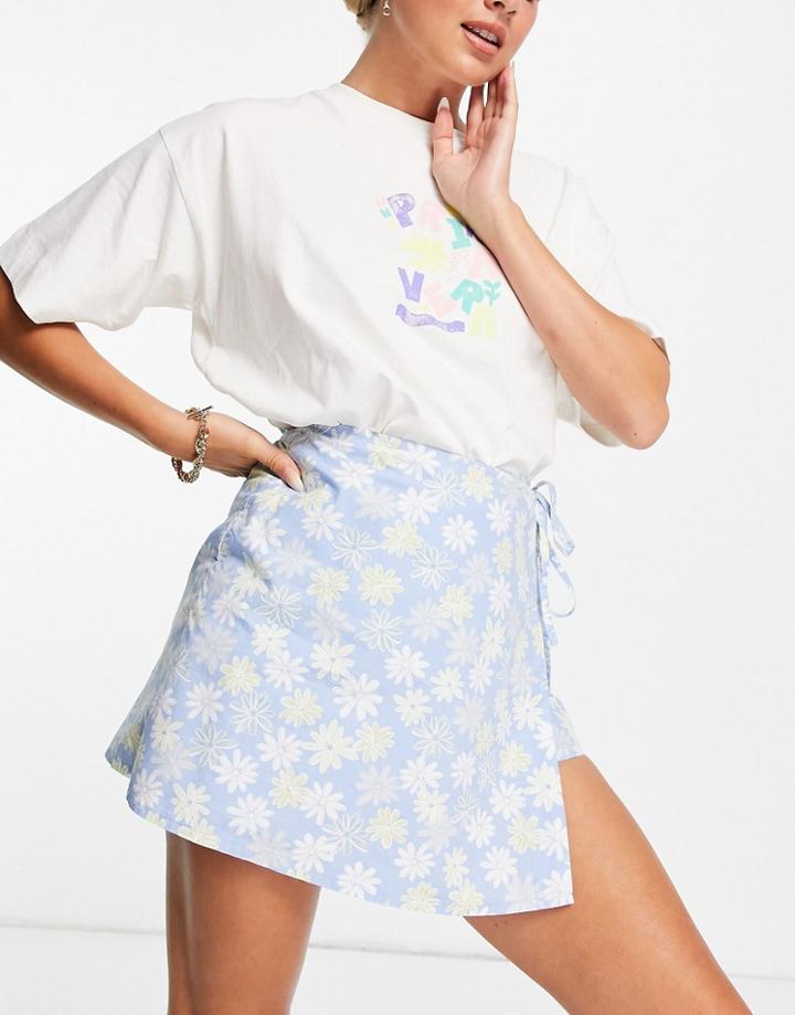 Asos Design Wrap Poplin Skort In Blue Floral Print-multi