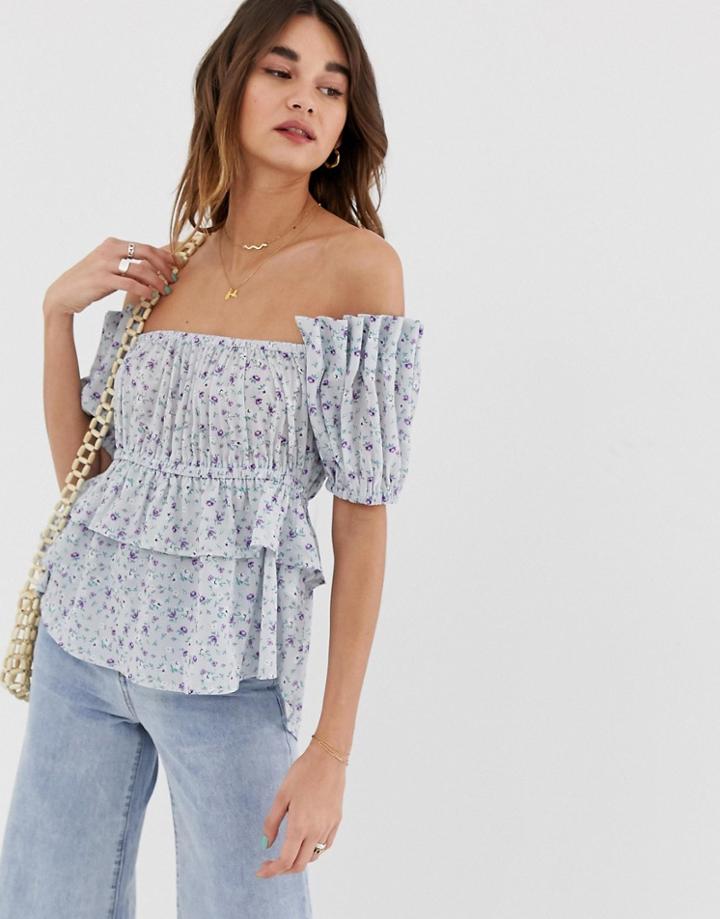 Lost Ink Bardot Top In Vintage Ditsy Floral - Blue