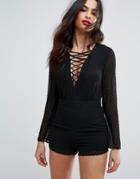 Boohoo Dobby Mesh Lace Up Romper - Black