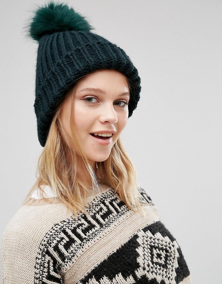 New Look Faux Fur Pom Bobble Hat - Green