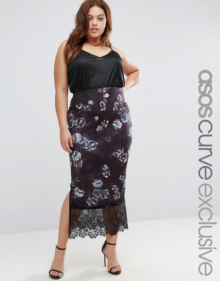 Asos Curve Midi Skirt In Dark Floral With Lace Hem - Multi