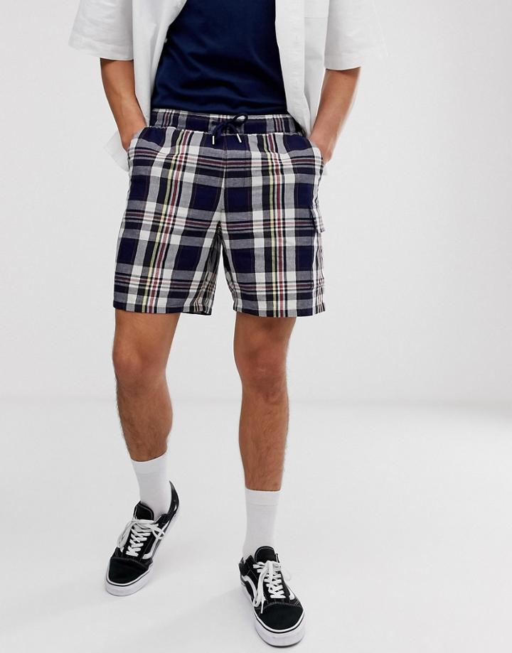 Asos Design Slim Cargo Shorts In Indigo Check-navy