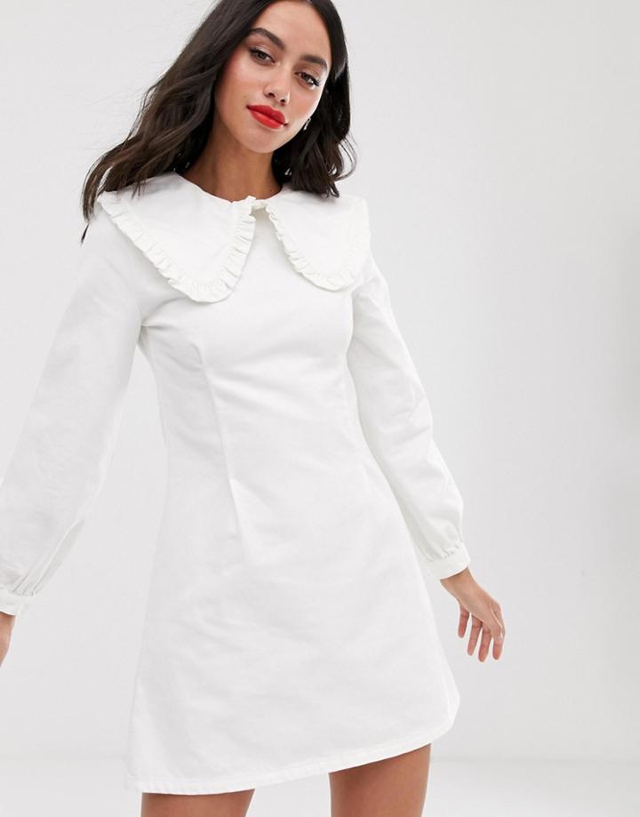 Asos Design Denim Frill Collar Mini Dress In White