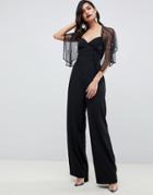 Asos Design Flutter Sleeve Jumpsuit With Wide Leg And Star Embellishment - Black