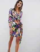 Asos Design Mini Dress With Plunge And Drape In Embellished Bright Floral Print - Multi