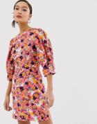 Monki Floral Print Puff Sleeve Mini Dress In Pink - Pink