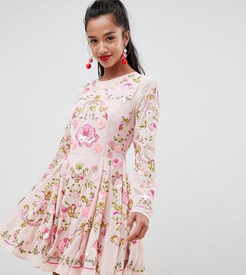 Asos Edition Salon Petite Beautiful Embellished Floral Skater Dress - Pink