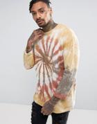 Asos Oversized Long Sleeve T-shirt With Rolled Sleeve In Spiral Tie Dye - Brown
