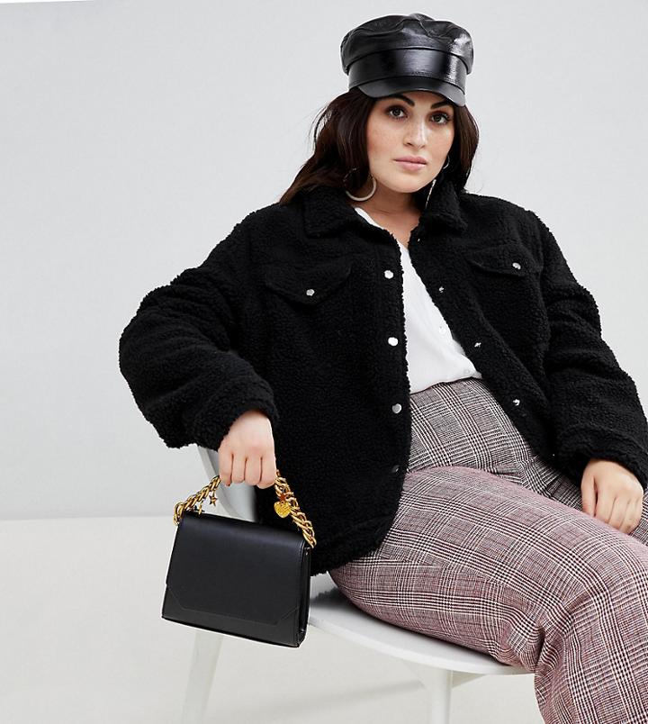 Brave Soul Plus Tedd Trucker Jacket In Borg - Black