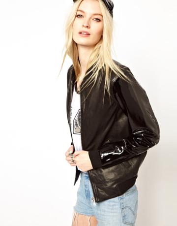 Hide Exclusive To Asos Sasha Leather Bomber Jacket In Black With Patent Sleeves