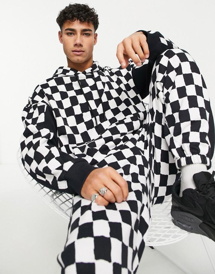 Topman Oversized Checkerboard Print Hoodie In Black And White - Part Of A Set
