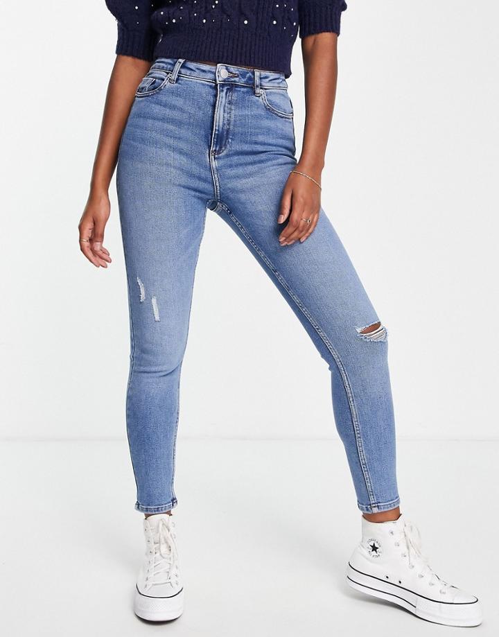 Miss Selfridge Lizzie High Waist Authentic Ripped Skinny Jeans In Midwash Blue-blues