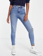 Miss Selfridge Lizzie High Waist Authentic Ripped Skinny Jeans In Midwash Blue-blues