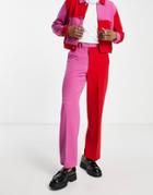 Asos Design Smart Color Extreme Wide Pants In Pink And Red Color Block - Part Of A Set