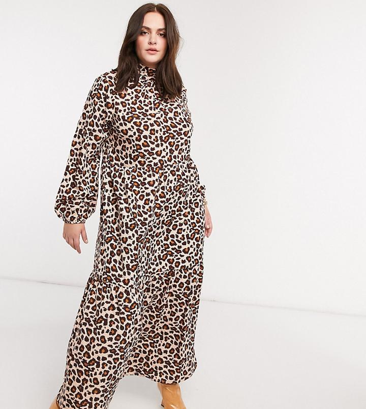 Verona Curve High Neck Long Sleeve Dress With Tiered Skirt In Leopard Print-brown