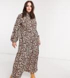 Verona Curve High Neck Long Sleeve Dress With Tiered Skirt In Leopard Print-brown