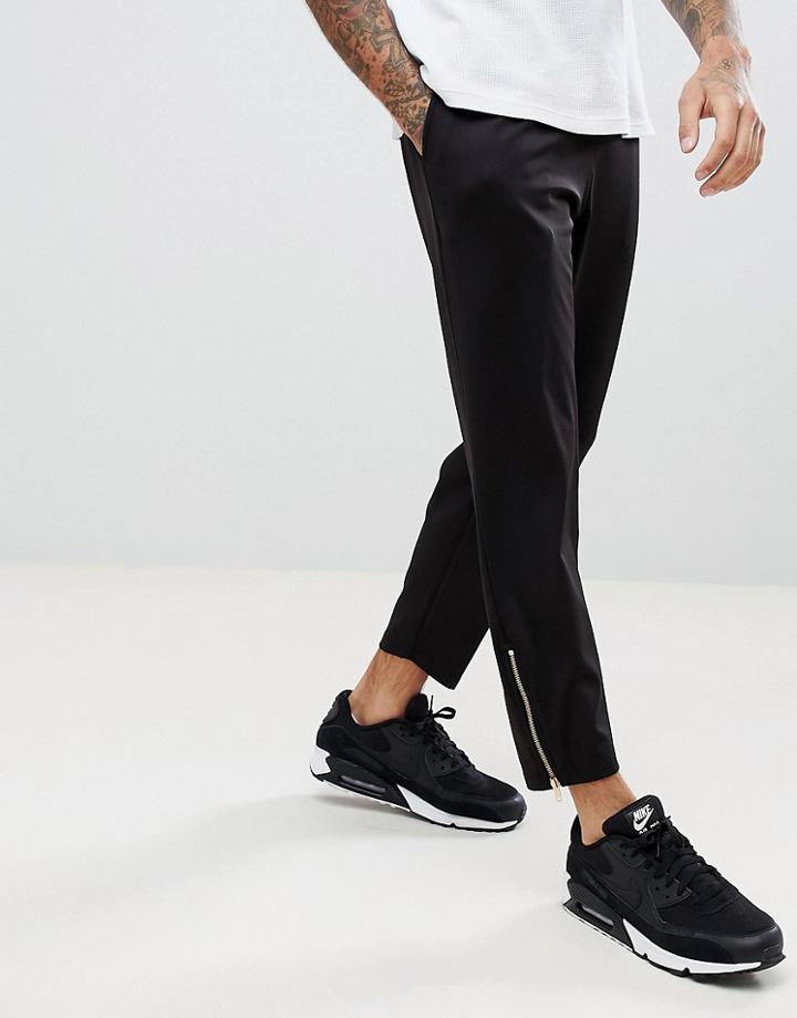 Asos Slim Crop Joggers In Poly Tricot With Zip Cuffs - Black